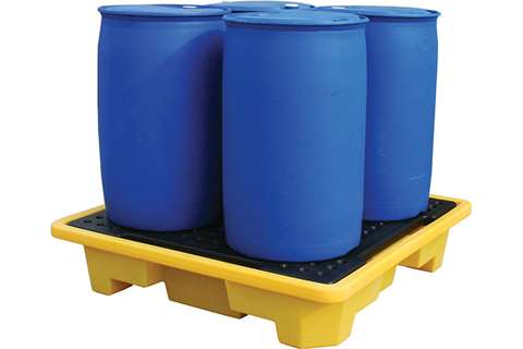 Spill tray for 4 drums - 249 l yellow - with grid - nestable