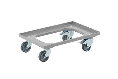 Fahrgestelle Industry – 2 Gummi-Bockrollen + 2 Gummi-Lenkrollen – ABS-Rahmen – verzinkte Gabeln