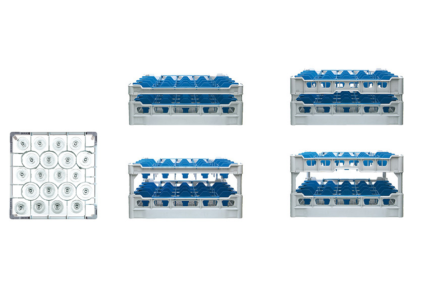 Glasss rack 20 compartments - 500x500x203mm - glass h:170mm - ø99mm 