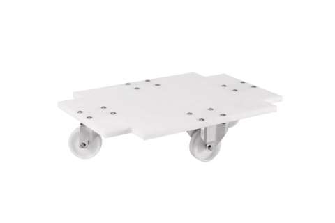 Transportgestell für HNC-0001 – 2 Lenkrollen + 2 Bockrollen PA – RVS Gabeln – PE-geschl. Platte