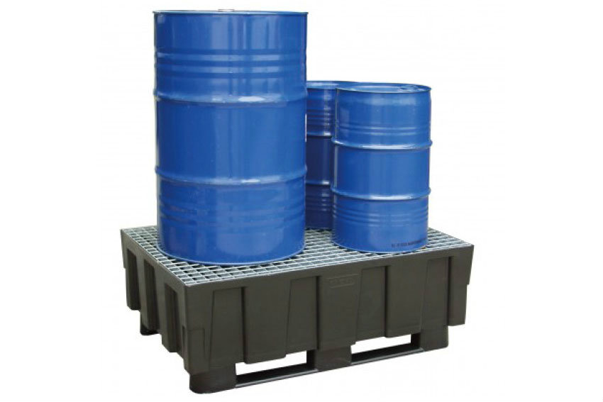 Euro-pe 250l retention bin - 2 skids - with galvanised grid 