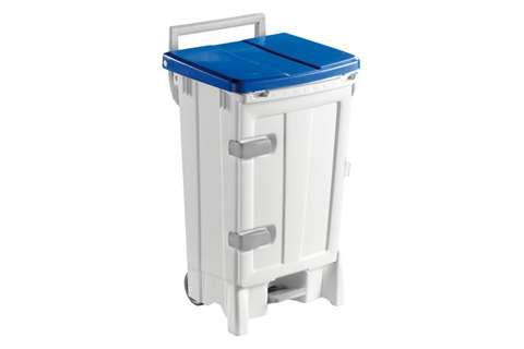 Waste container with pedal & door - 90 l - on casters